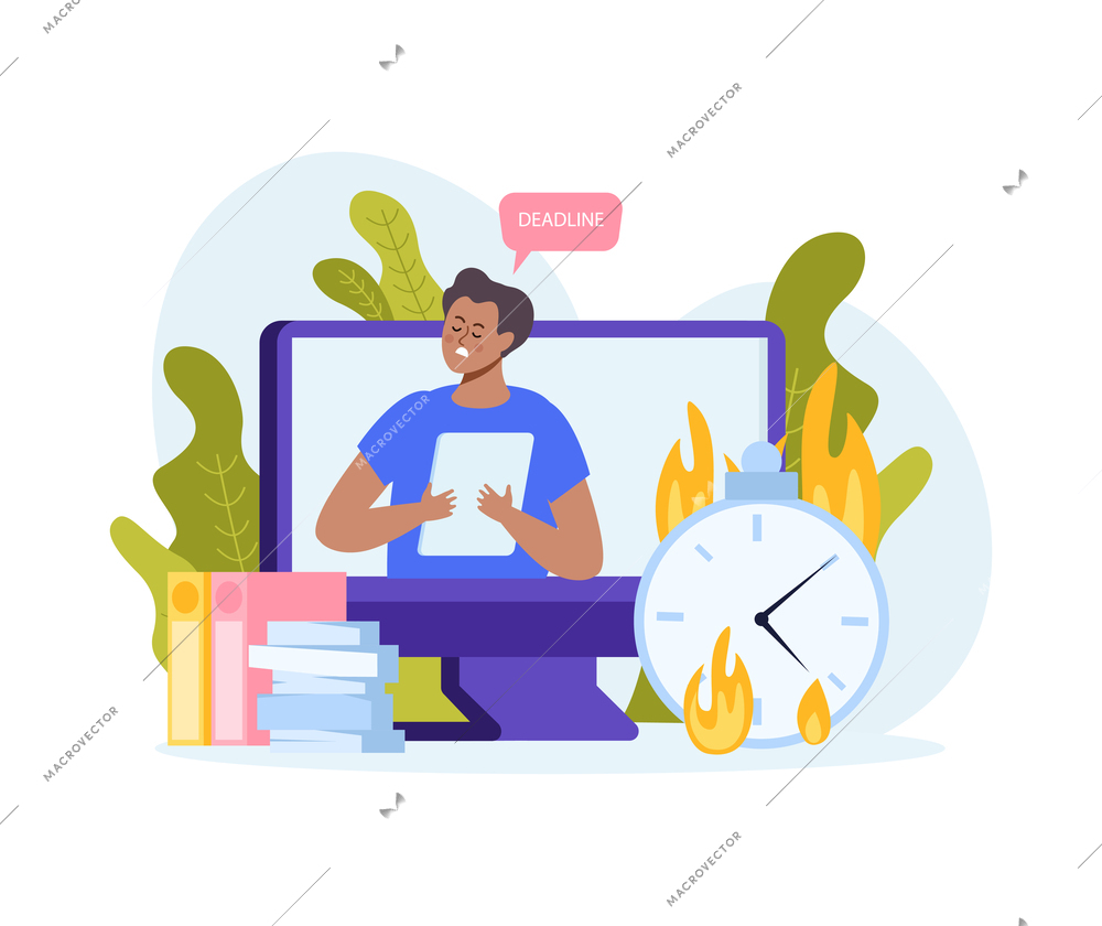 Business stress flat background composition with images of burning clock office files computer and human character vector illustration