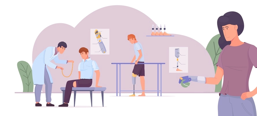 Prosthetics robotic flat composition with isolated view of doctors office with characters of patients and physician vector illustration