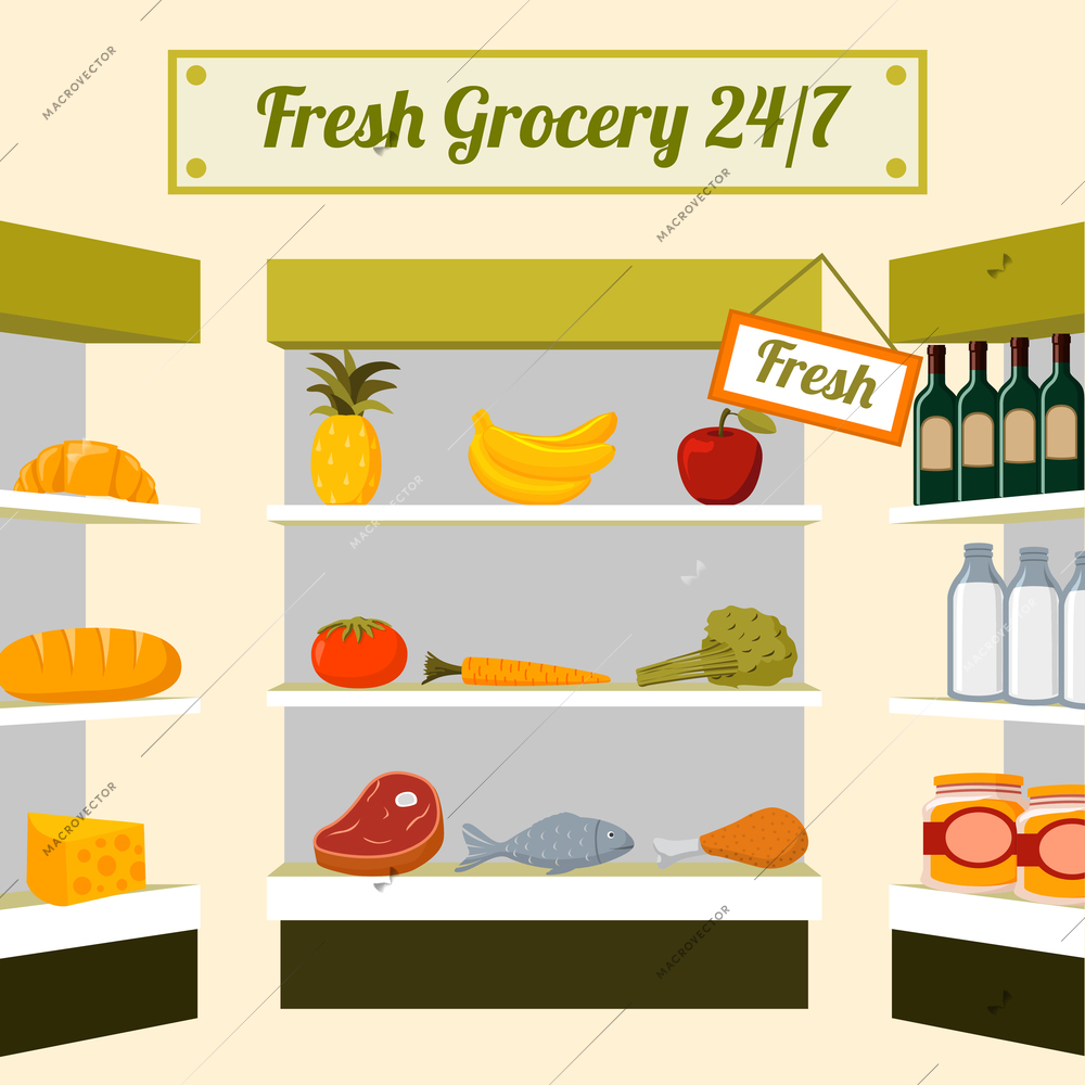 Fresh grocery foods of fruits vegetables meat chicken fish and drinks on store shelves vector illustration