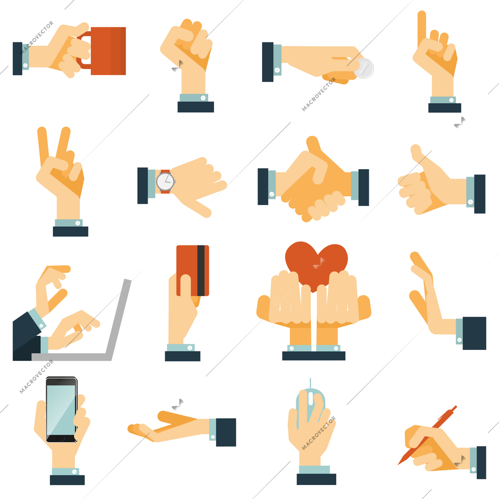 Hand gestures flat icons set expressing victory rejection and love with heart symbol abstract vector isolated illustration