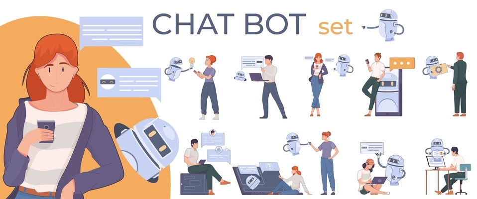 Chat bot flat composition with set of isolated human characters using gadgets chat bubbles and robots vector illustration