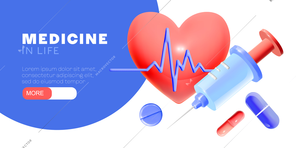 3d cartoon medicine horizontal banner with editable text slider more button images of heart and syringe vector illustration