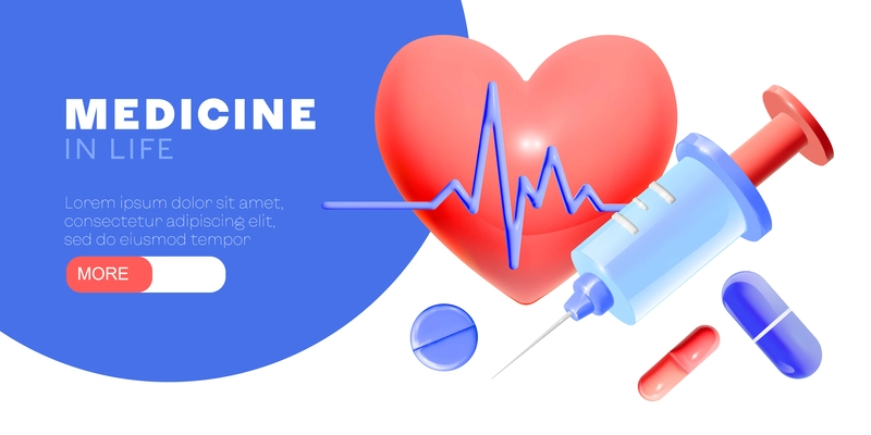 3d cartoon medicine horizontal banner with editable text slider more button images of heart and syringe vector illustration