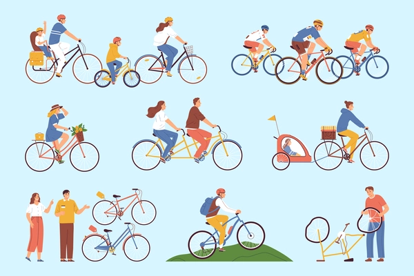 Bicycles icons flat color set with people riding bikes isolated vector illustration