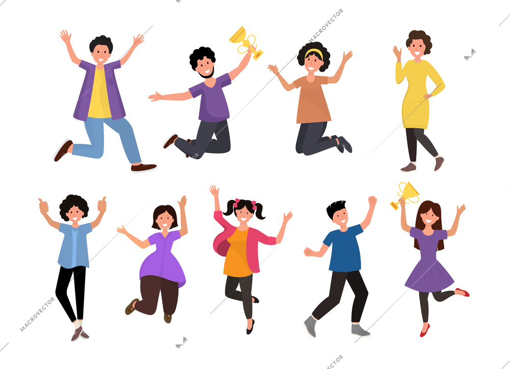 Happy people flat cartoon characters celebrating winning sports competitions or just in good mood isolated vector illustration