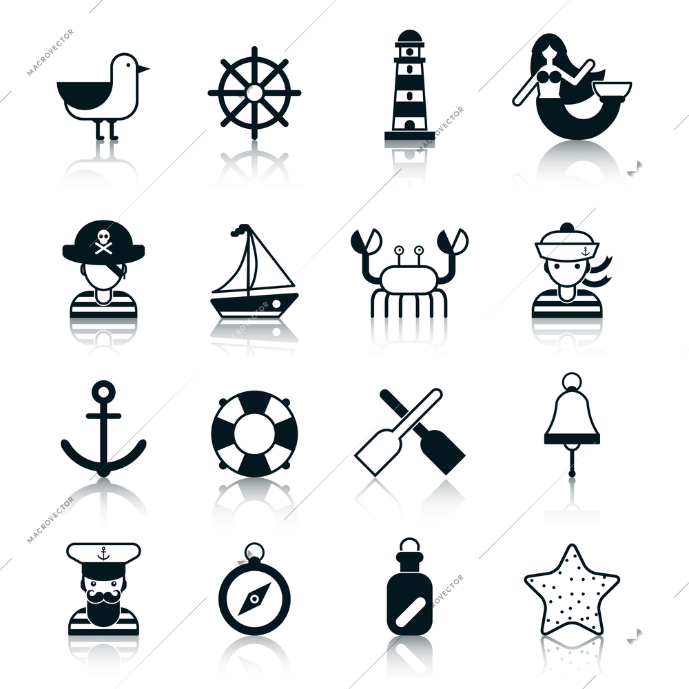 Nautical icons black set with seagull wheel lighthouse marmaid isolated vector illustration