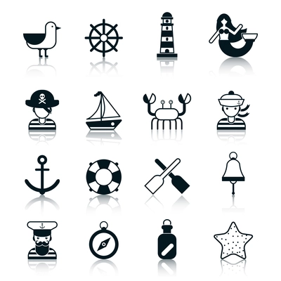 Nautical icons black set with seagull wheel lighthouse marmaid isolated vector illustration