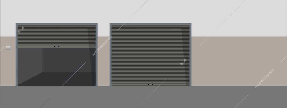 Wall with two garage lifting gates with roller shutters in open and closed position realistic vector illustration