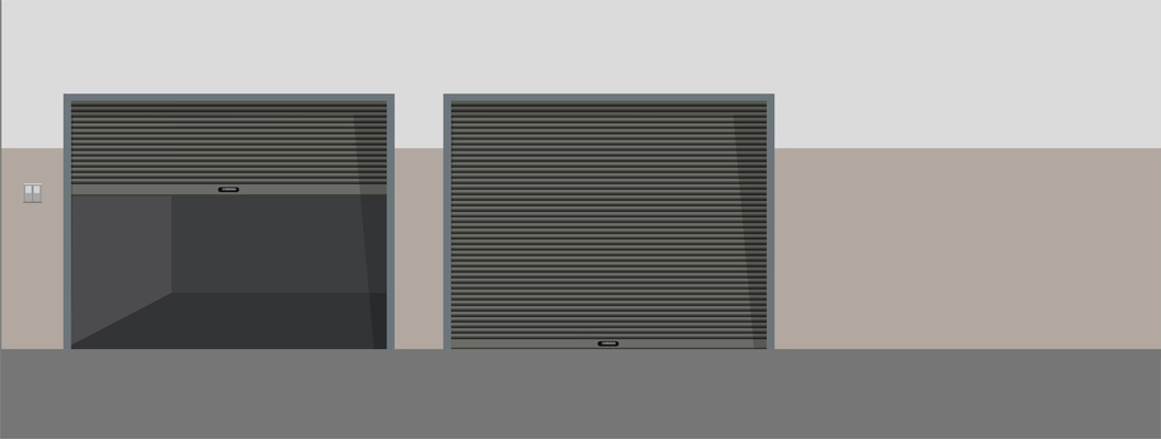 Wall with two garage lifting gates with roller shutters in open and closed position realistic vector illustration