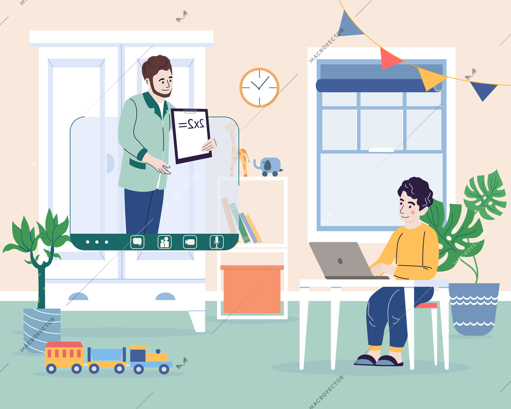 Children gadget addiction flat background composition with boy sitting at laptop watching online tutors math lesson vector illustration