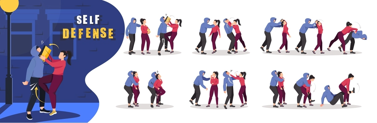 Self defense training flat set of isolated compositions with text and isolated human characters in fight vector illustration