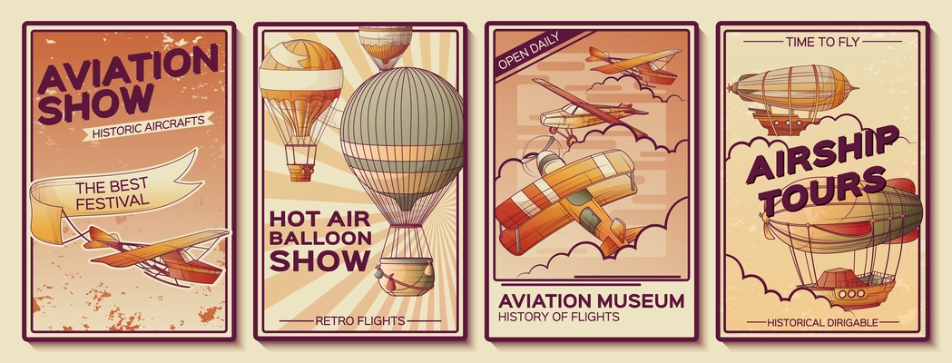 Aeronautics retro vintage aircraft transport posters collection with vertical compositions of airplanes balloons airship and text vector illustration