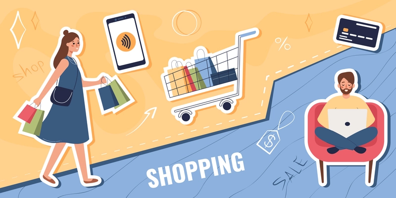 Shopping people composition with collage of flat cart smartphone and credit card icons with human characters vector illustration