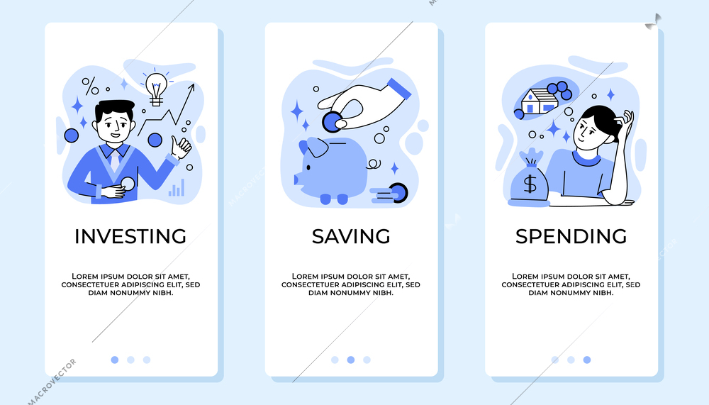 Financial planning investing spending and saving money flat app design banners set in blue color isolated vector illustration