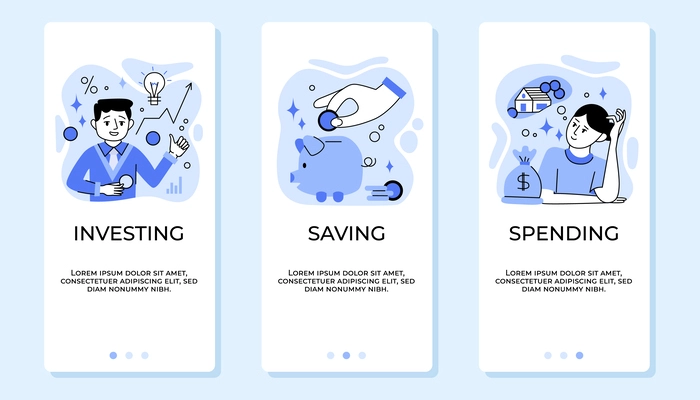 Financial planning investing spending and saving money flat app design banners set in blue color isolated vector illustration