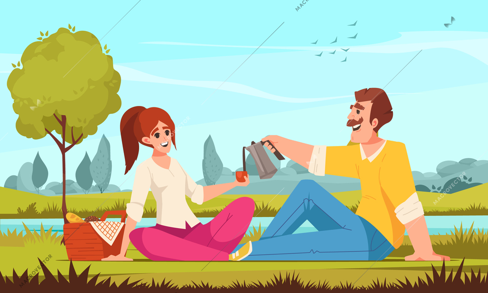 Picnic cartoon concept with young couple having romantic dinner outdoors vector illustration