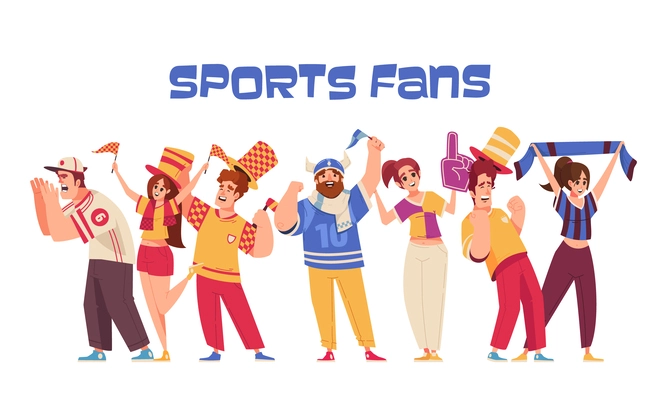 Sports fan cartoon icons set with happy people celebrating team victory isolated vector illustration