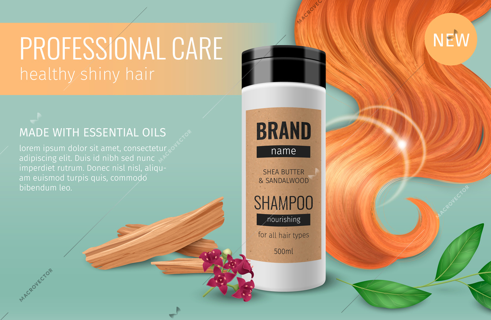 Shampoo realistic advertising poster with red hair curl vector illustration