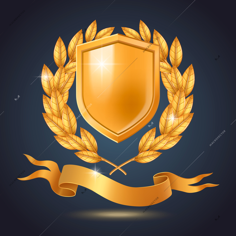 Royal emblem realistic concept with golden shield and laurel wreath vector illustration