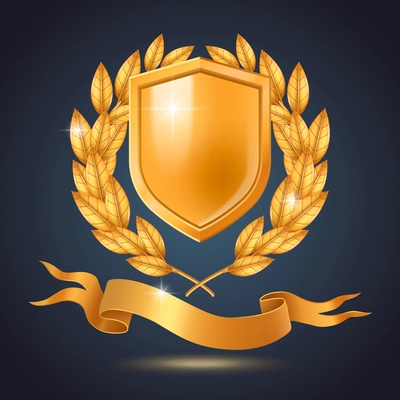 Royal emblem realistic concept with golden shield and laurel wreath vector illustration