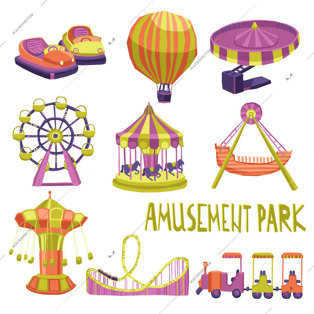 Amusement park funfair carnival summer attraction icons set isolated vector illustration