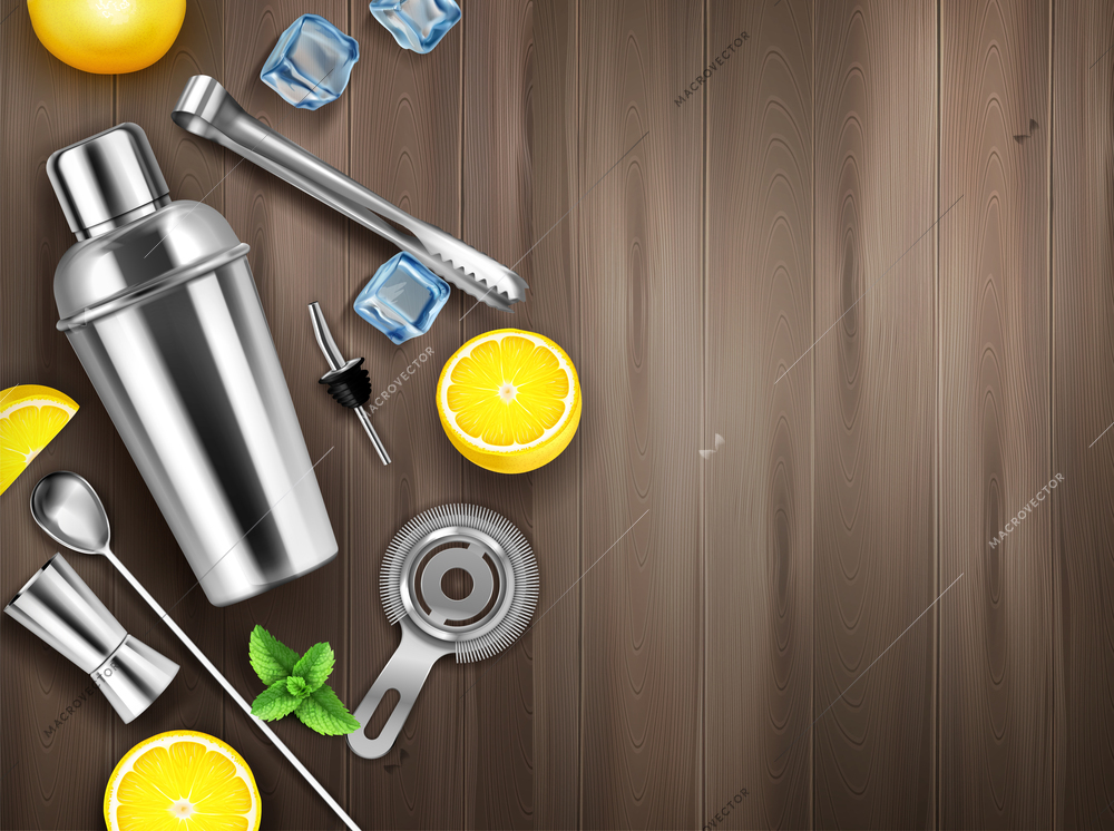 Bar equipment realistic background with bartender tools and lemons vector illustration