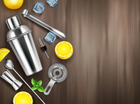 Bar equipment realistic background with bartender tools and lemons vector illustration