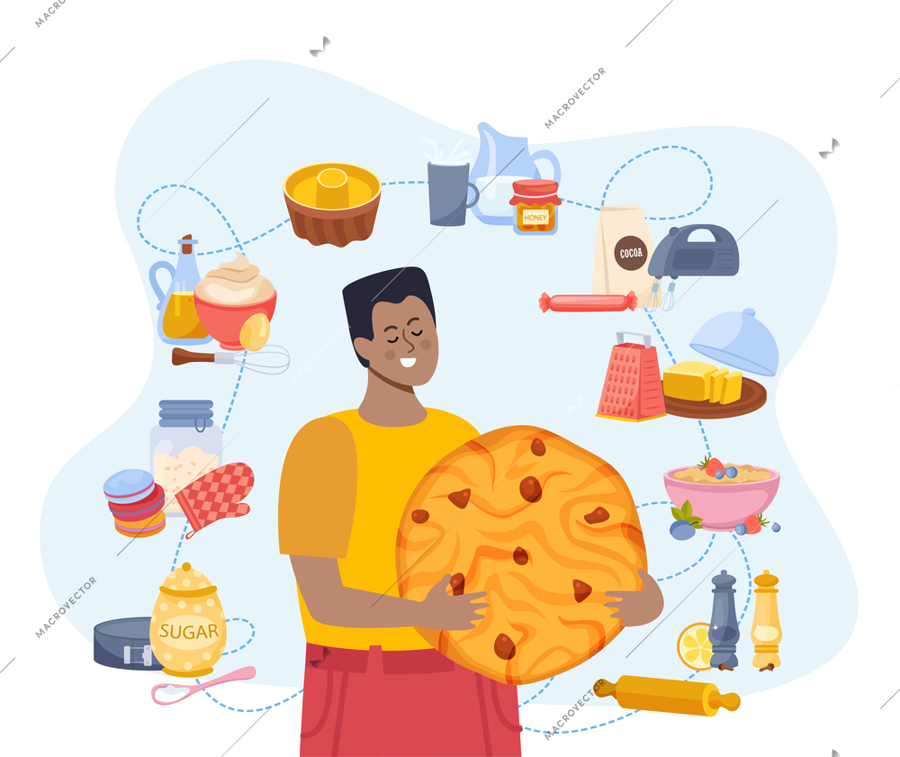Baking flat composition with funny male character holding great pizza and food ingredients around vector illustration