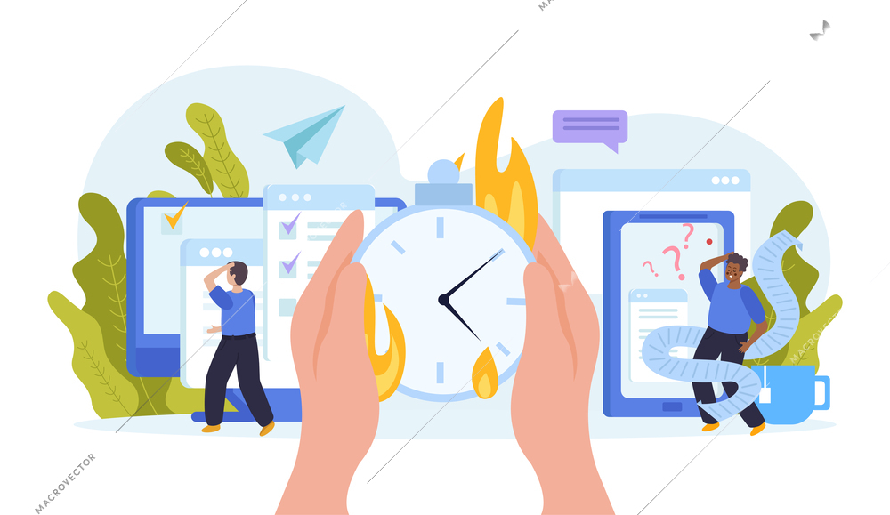 Working overtime flat composition with two tired multitasking male characters and burning watch in human hands vector illustration