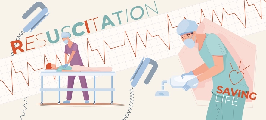 Resuscitation intensive care composition with collage of flat human characters electroshock devices cardiogram and text captions vector illustration