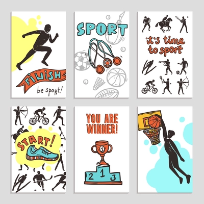 Sport sketch paper cards set with athletes figures isolated vector illustration