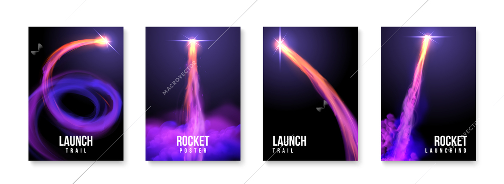 Realistic rocket trail poster set with vertical compositions of editable text and neon backgrounds with smoke vector illustration