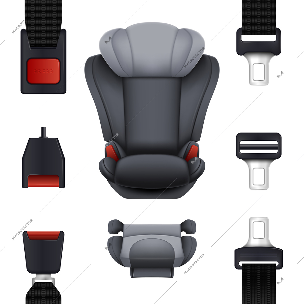 Realistic safety belt car seat set of isolated icons with front and top views of seatbelt vector illustration