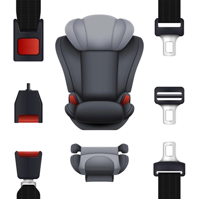 Realistic safety belt car seat set of isolated icons with front and top views of seatbelt vector illustration