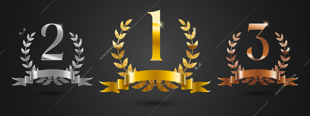 Winner badges set with isolated compositions of gold silver and bronze awards with empty ribbons digits vector illustration