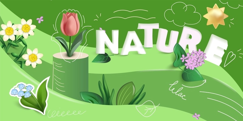3d leaf flower composition with collage of cumbersome plants with leaves sketch icons and ornate text vector illustration