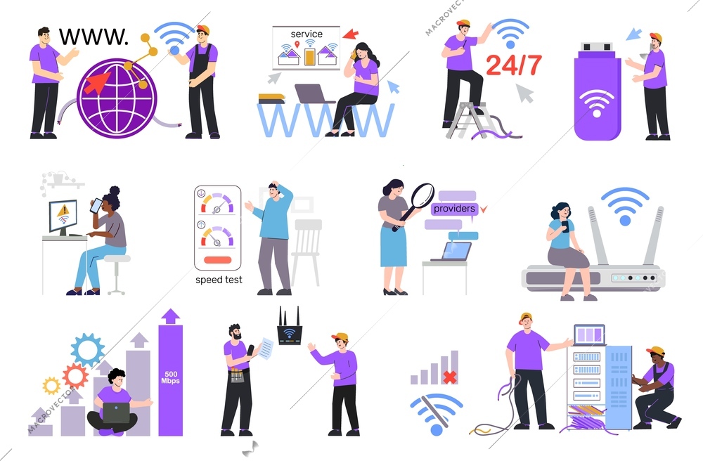 Internet installation provider flat set of isolated icons with gears wifi signal pictograms equipment and people vector illustration