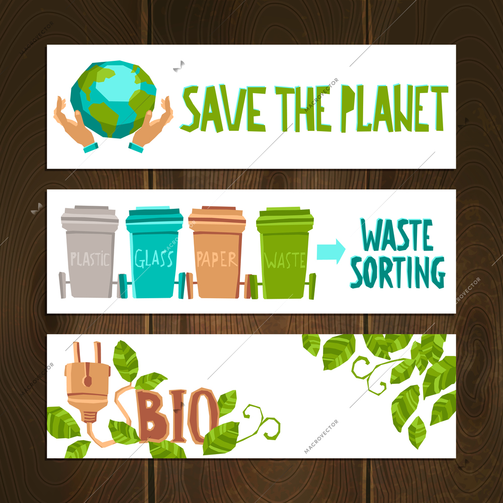 Eco horizontal banners set with waste sorting elements isolated vector illustration