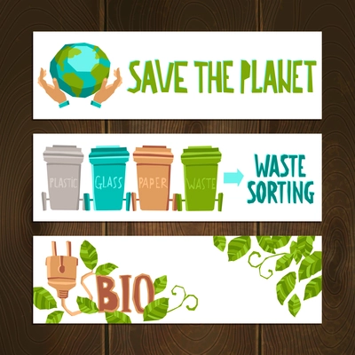 Eco horizontal banners set with waste sorting elements isolated vector illustration