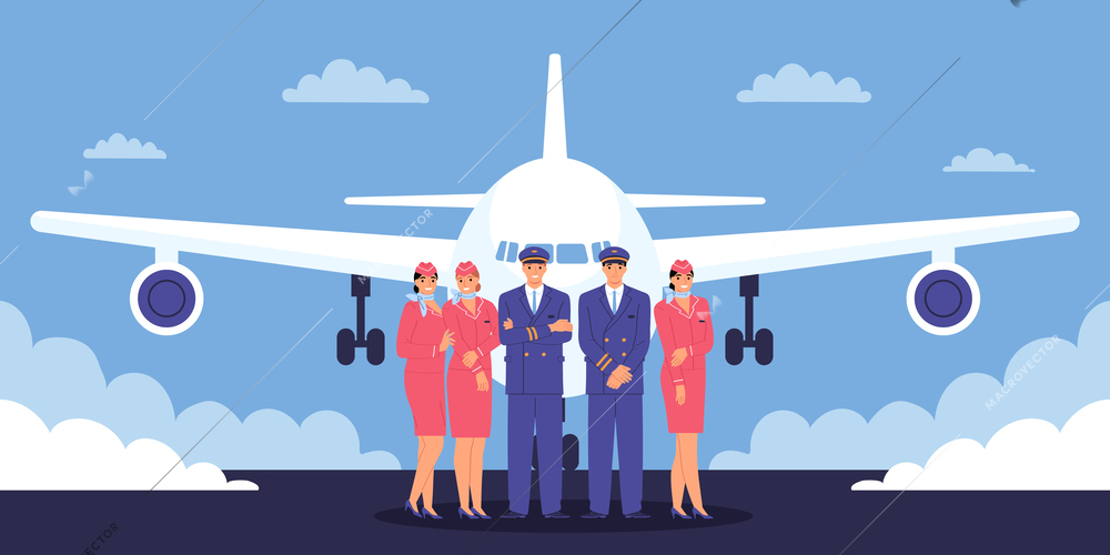 Airplane flat concept with aircraft and cabin crew in front of vector illustration