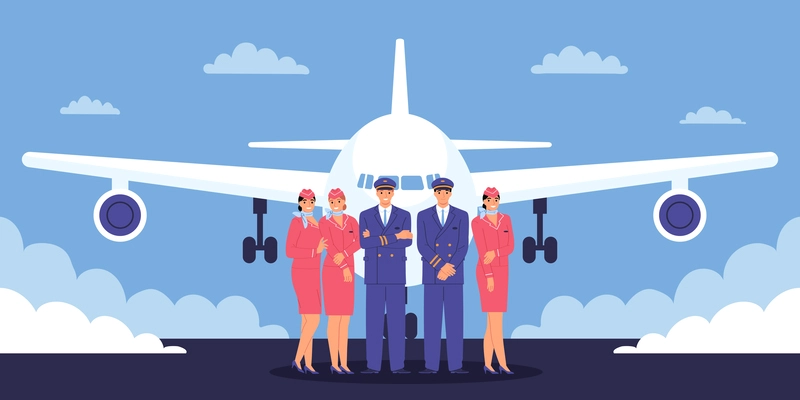 Airplane flat concept with aircraft and cabin crew in front of vector illustration