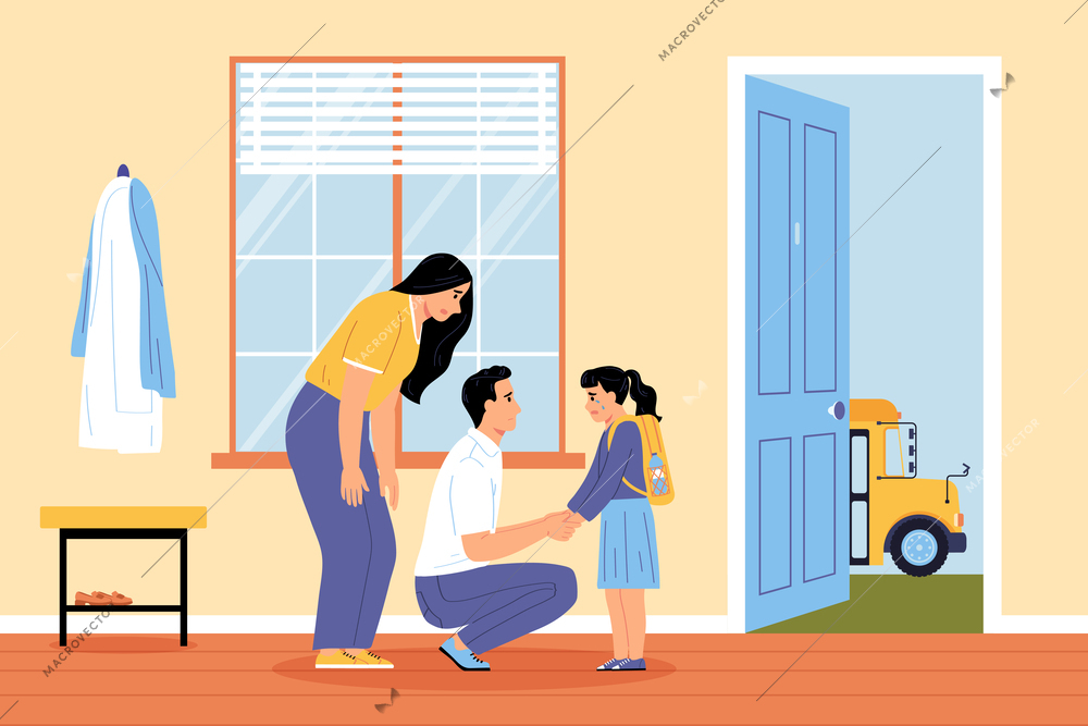 Parents support children composition of home scenery with mother and father saying goodbye to teenage schoolgirl vector illustration