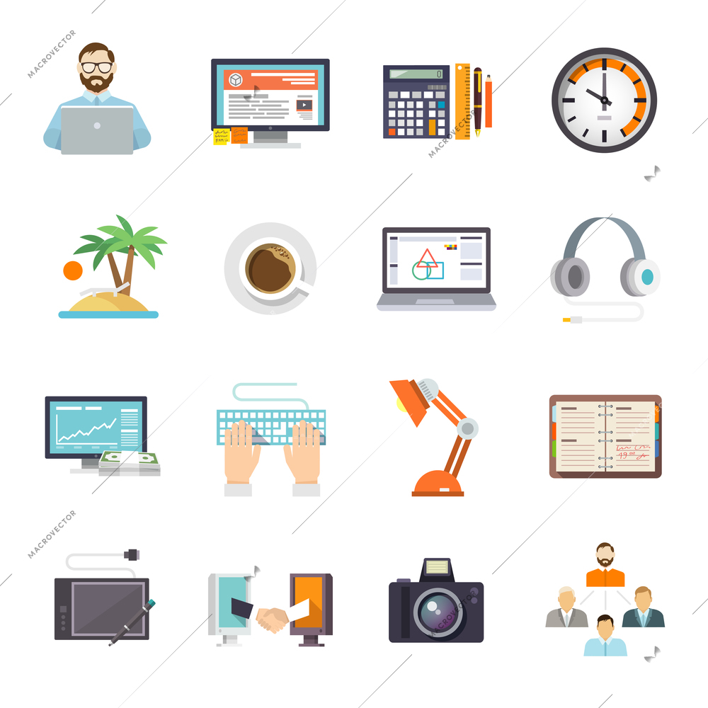 Freelance icon flat set with freelancer laptop business meeting isolated vector illustration
