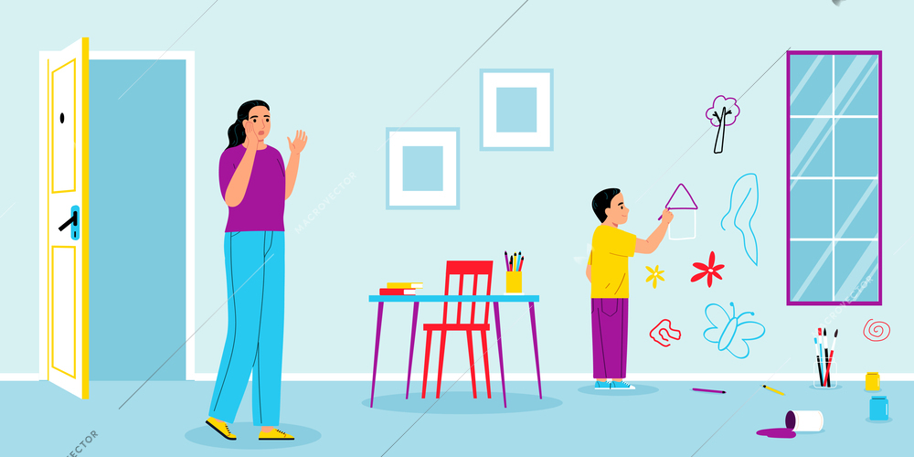 Autism learning disability composition with indoor scenery and shocked mother watching her son drawing on walls vector illustration