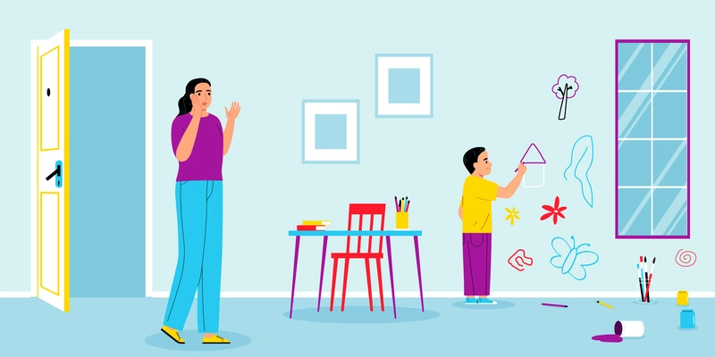 Autism learning disability composition with indoor scenery and shocked mother watching her son drawing on walls vector illustration