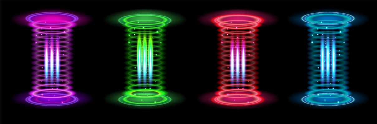 Realistic teleportation portals color set with four isolated images of cylinder shaped areas with glowing lines vector illustration