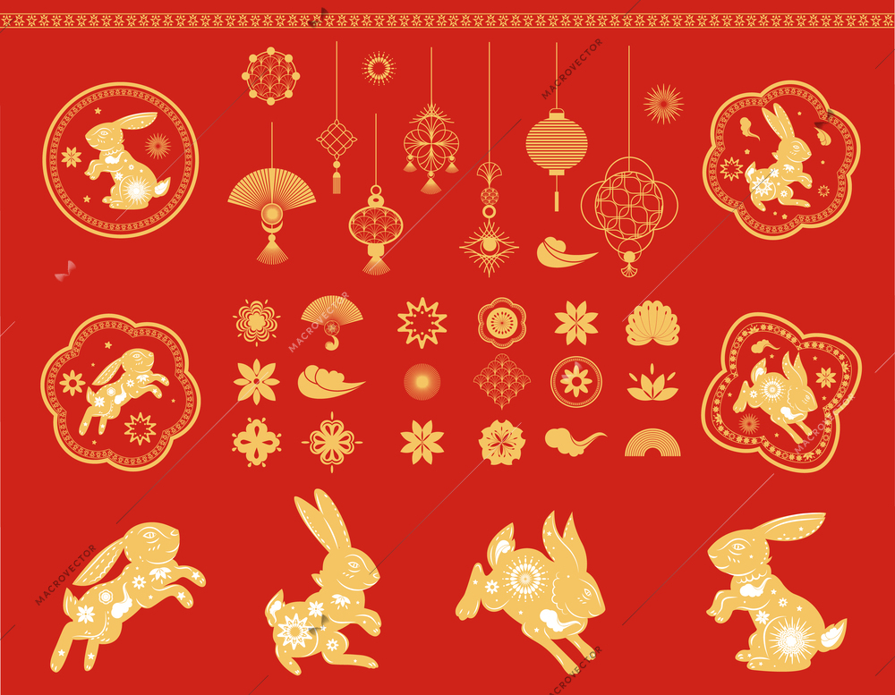 Chinese new year traditional festive gold signs patterns lanterns and animals on red background flat vector illustration