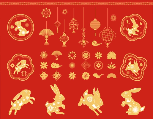 Chinese new year traditional festive gold signs patterns lanterns and animals on red background flat vector illustration