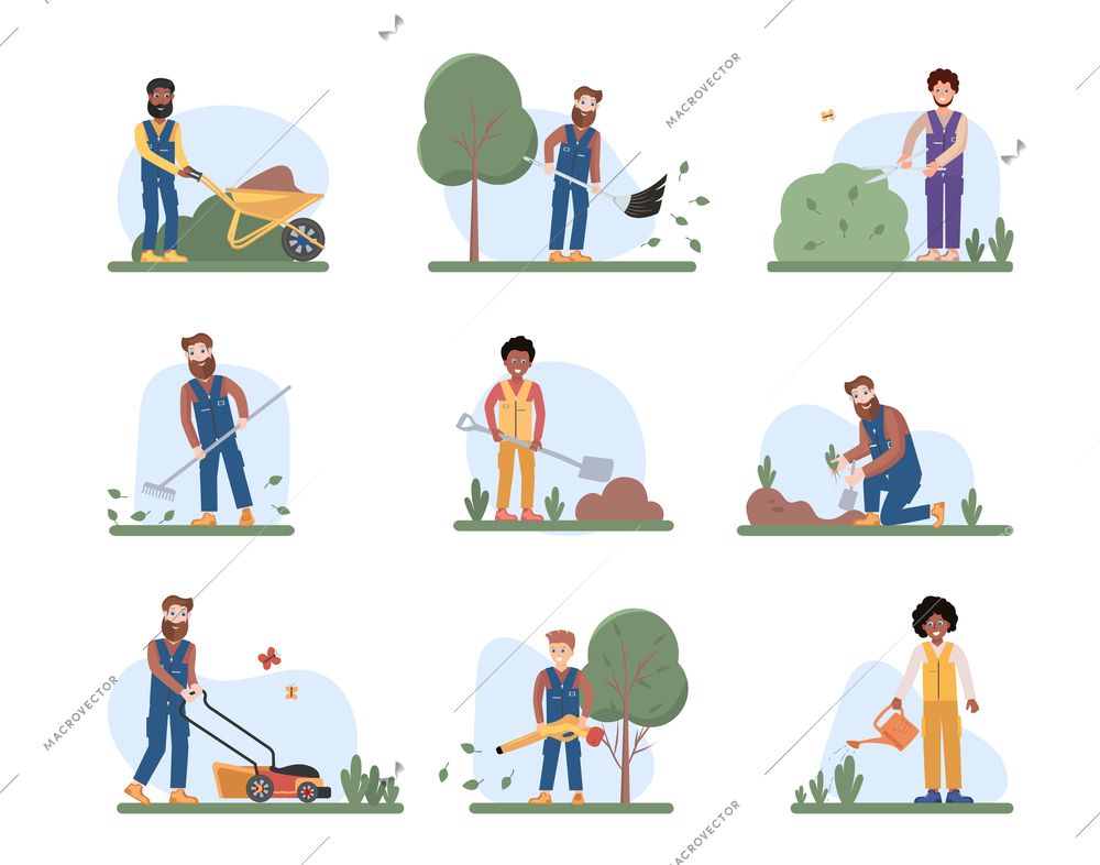 Professional gardeners flat set of people digging beds planting seedlings mowing grass watering flowers isolated vector illustration