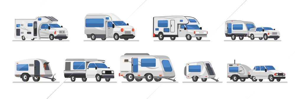 Mobile auto vehicles for travel and vacation in campsite outdoors flat set isolated vector illustration